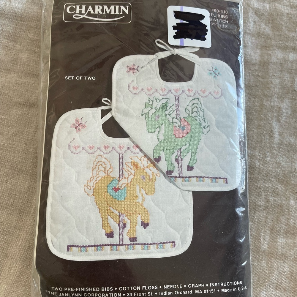 Charmin New Vintage Baby Cross Stitch Bibs Crewel Craft Set of 2
